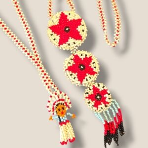 Red & Cream Beaded Statement Necklace with Fringe
